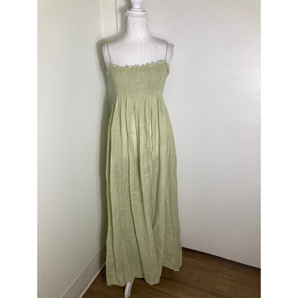 Three Graces Sage Green Smocked Maxi Linen Dress Sz10 - Picture 1 of 3